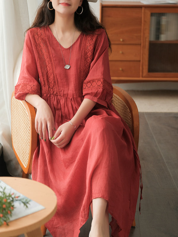 Literary Simple Seven-quarter Sleeve Lace-up Maxi Dress