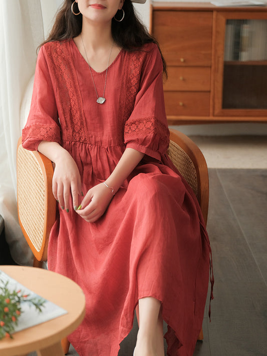 Literary Simple Seven-quarter Sleeve Lace-up Maxi Dress