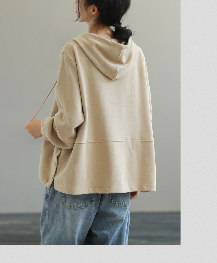 Loose Solid Color Hooded Long Sleeve Sweater
