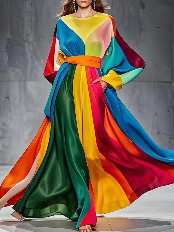 A-Line Long Sleeves Colorful Contrast Color Pockets Tied Waist Round-Neck Maxi Dresses