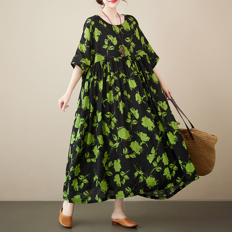 Bohemian Print Short Sleeve Round Neck Midi Dress