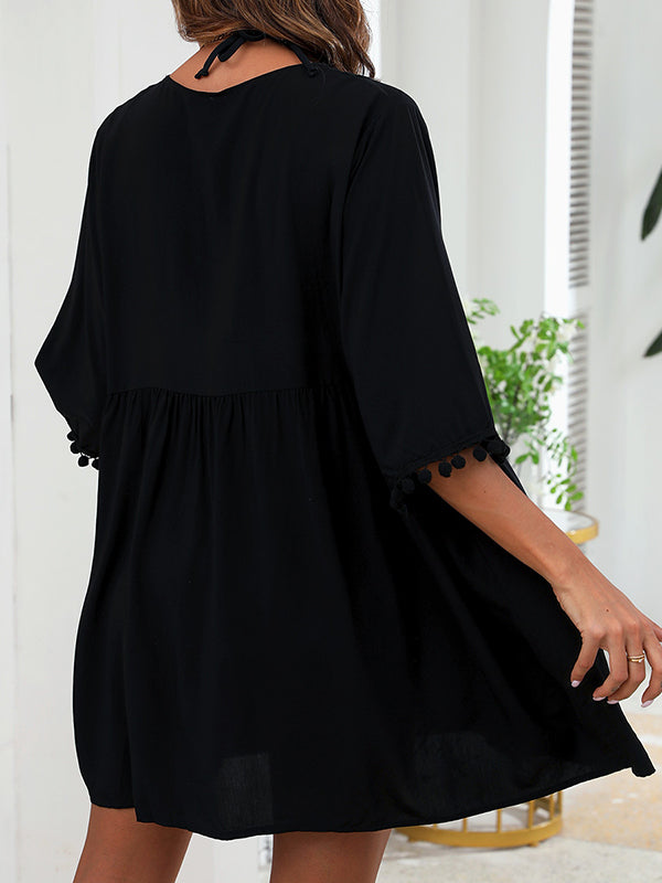 Half Sleeves Loose Hollow Solid Color Tasseled V-Neck Cover-Up Mini Dresses