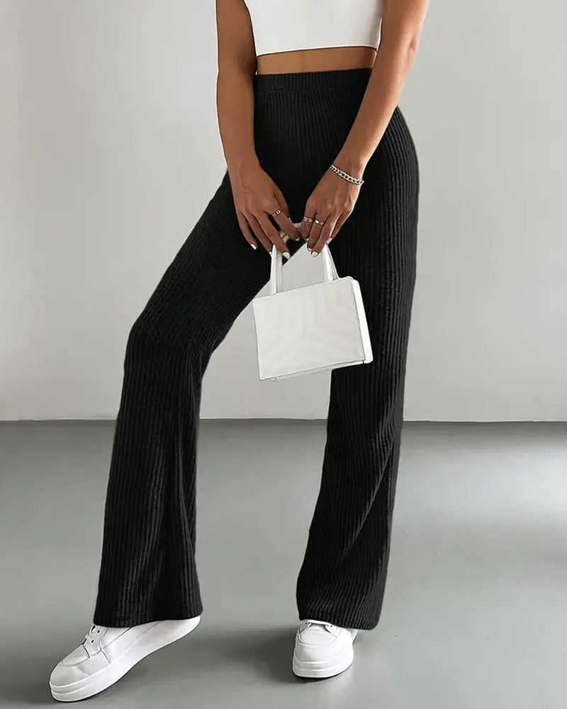 Solid Color Rib Knit Slim-Fit Trousers