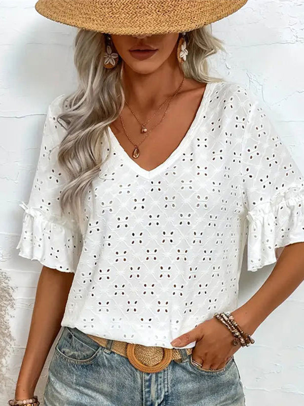 Half Sleeves Loose Hollow Pleated Ruffled Solid Color V-Neck T-Shirts