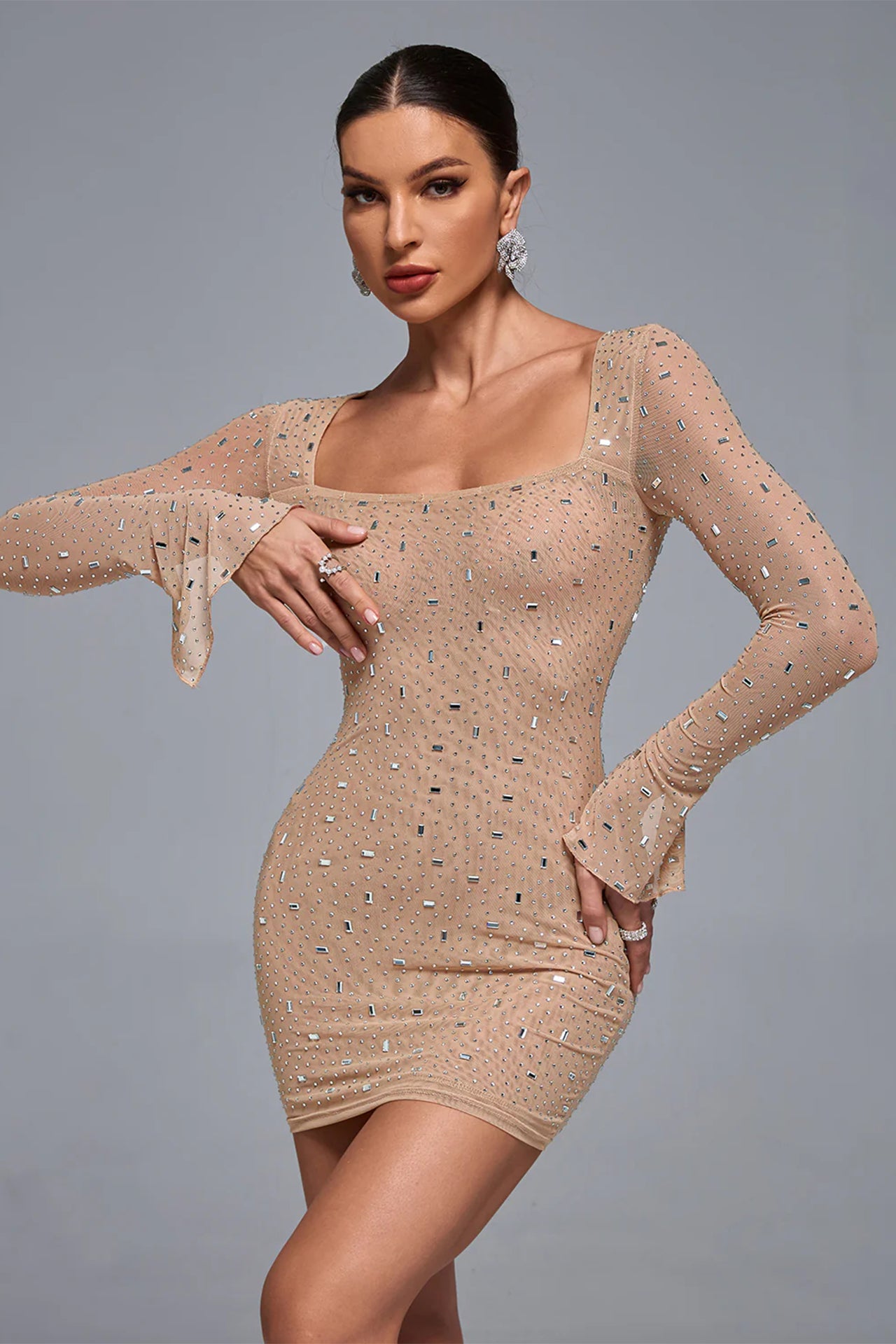 Sheer Embellished Long Sleeve Mini Dress