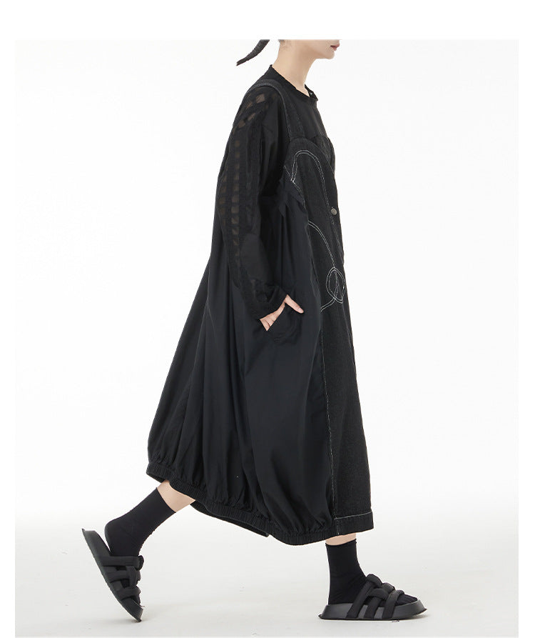 Vintage Splicing Denim Suspender Midi Dress