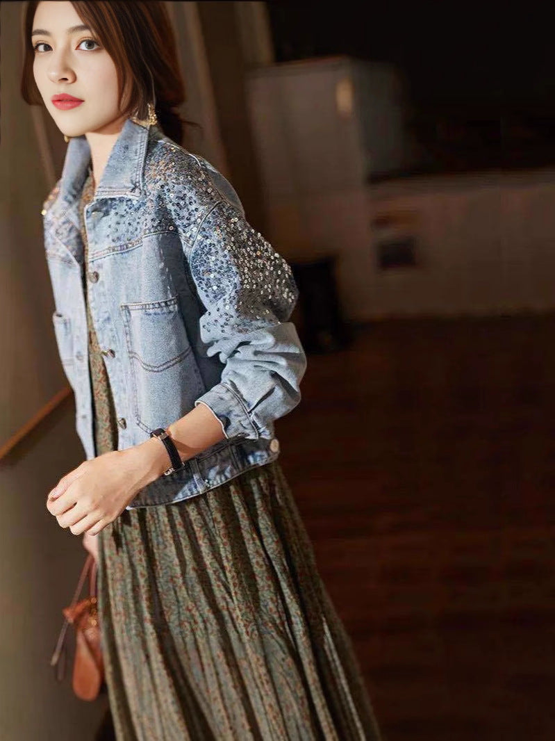 Foreign Trade Southeast Asia Spring and Summer New Fashion Sequin Denim Coat Women's European Station Short Loose Jacket Tide