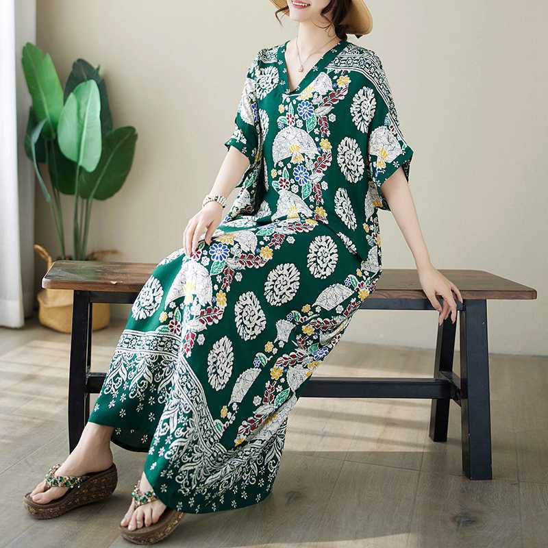 Retro Printed V-Neck Short Sleeve Maxi Dress