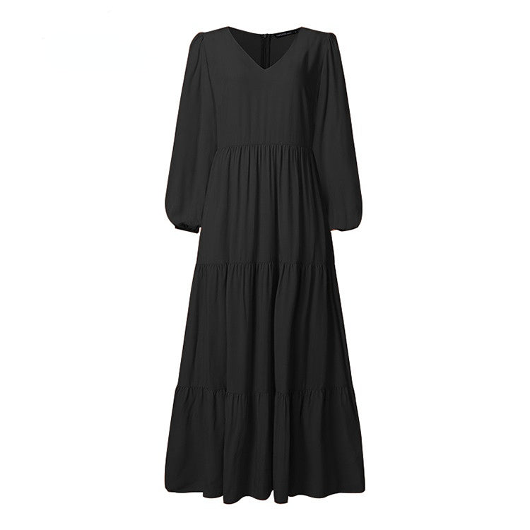 Simple Solid Color V-neck Long Sleeve Maxi Dress
