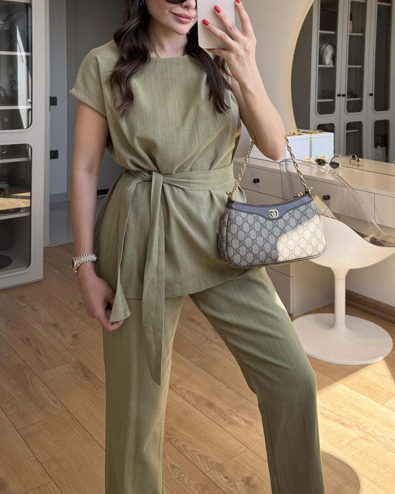 Solid Color Design One-Sleeve Top & Pants Two-Piece Set