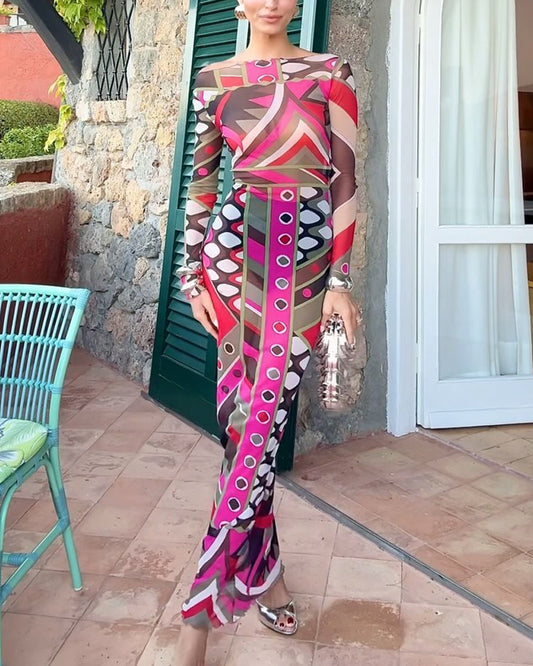 Fashion Off-shoulder Mesh Printing Dress