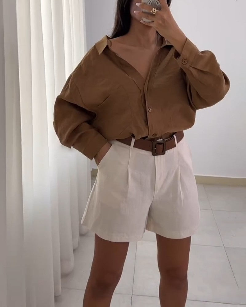 Casual Lapel Shirt & Shorts Two-piece Set (Without Belt)