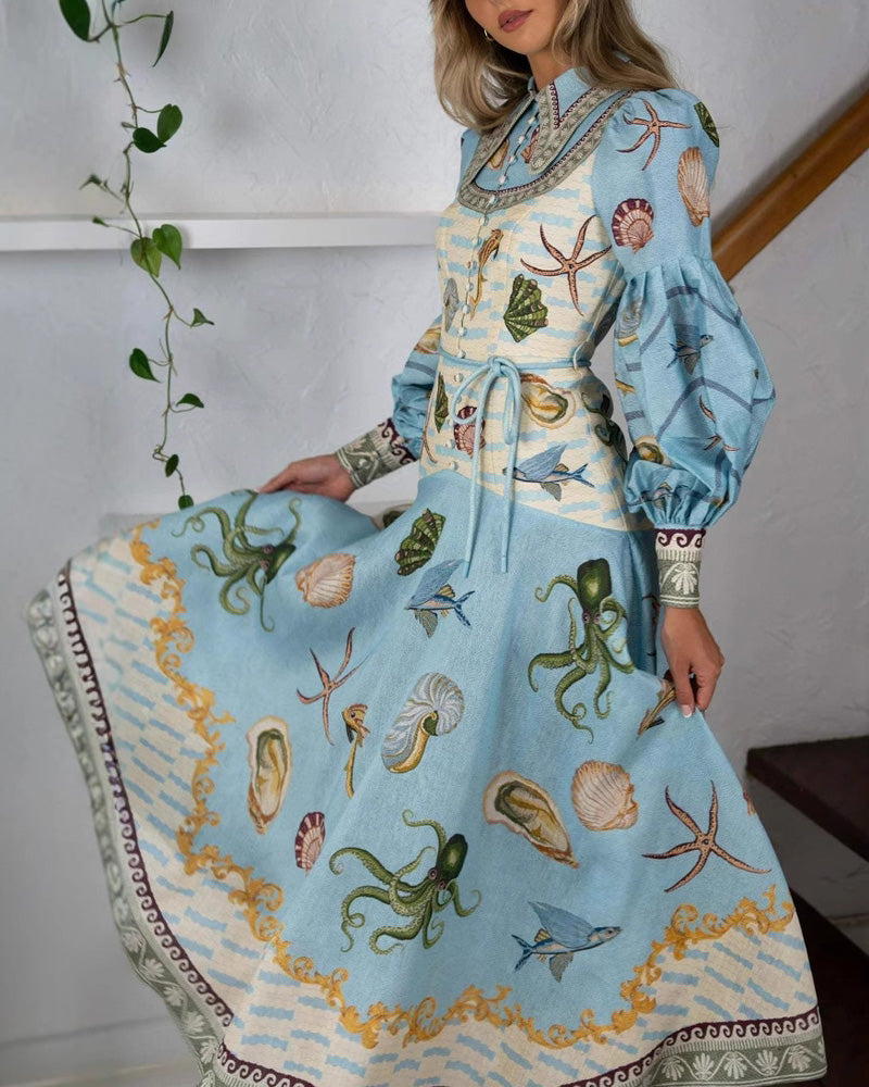 Summer Printed Doll Collar Cardigan Dress