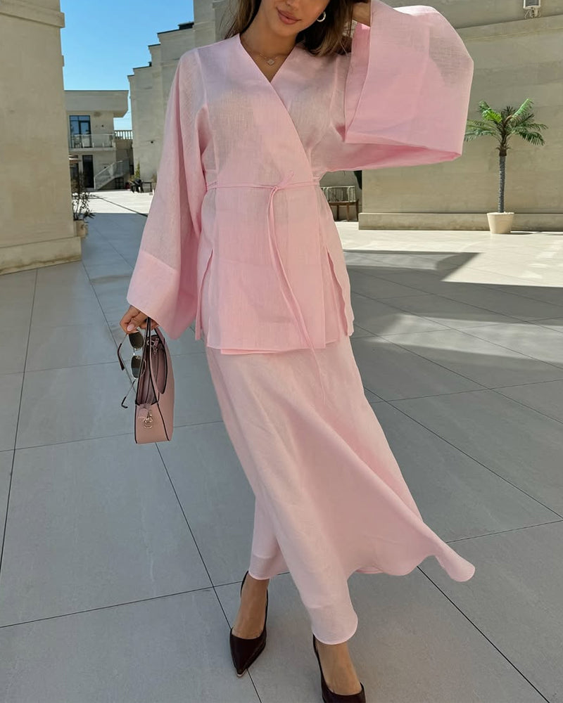 Casual V-Neck Split Shirt & Skirt Two-Piece Set