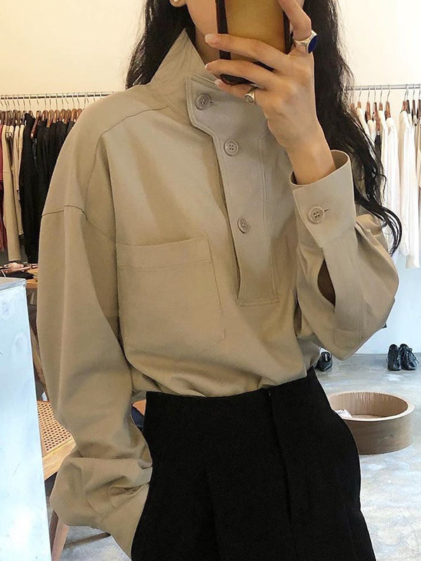 Niche Design Solid Color Stand Collar Long Sleeve Shirt