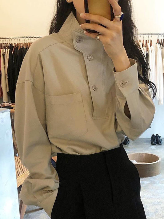 Niche Design Solid Color Stand Collar Long Sleeve Shirt