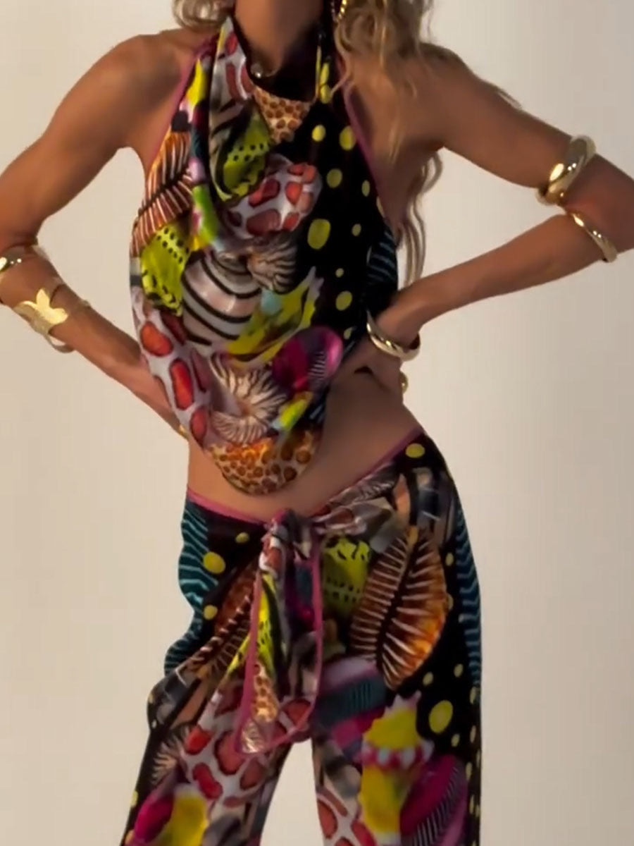 Abstract printed backless slim fit two-piece set