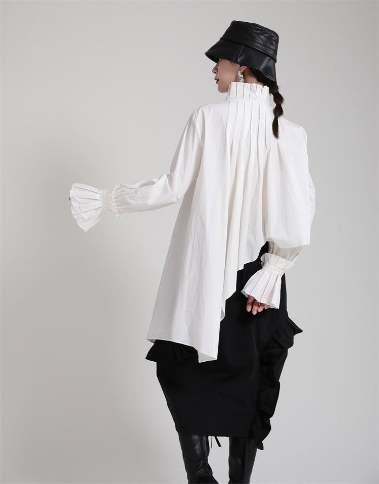 Irregular Solid Color Stand Collar Long Sleeve Shirt