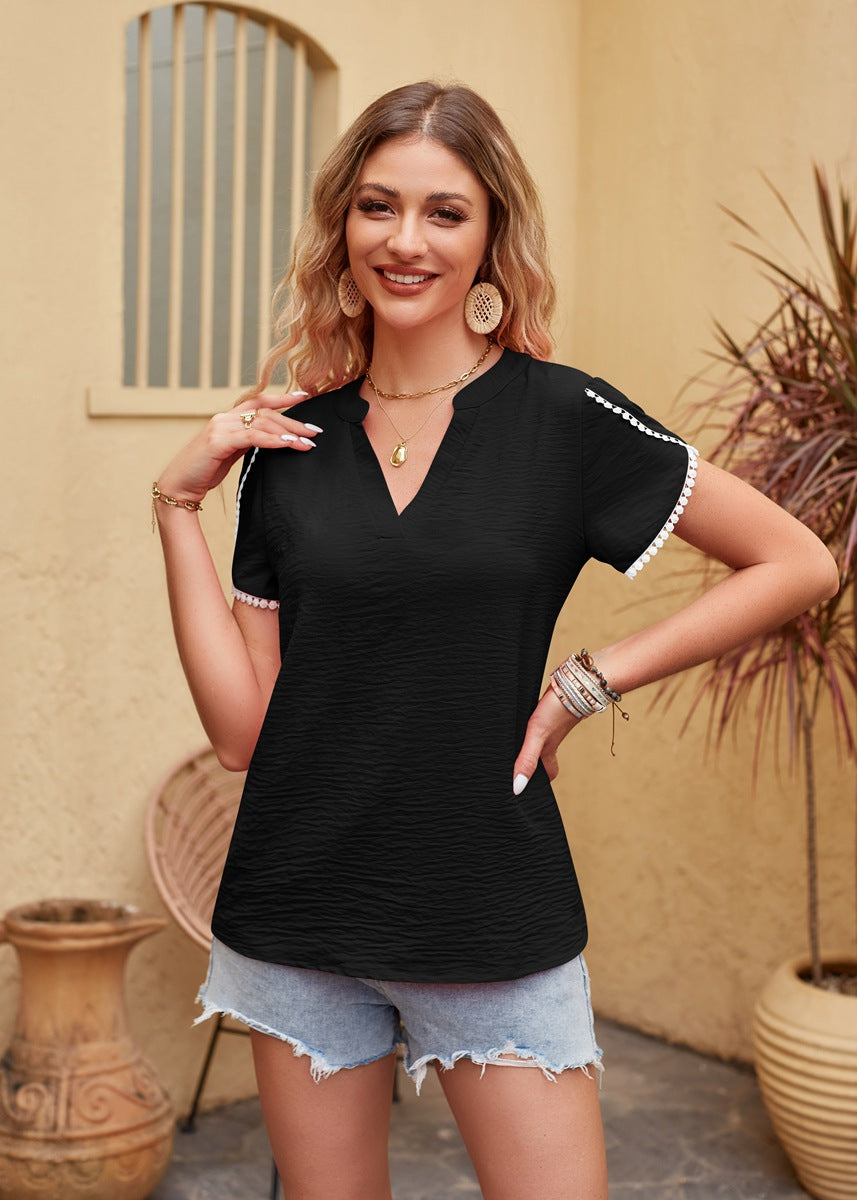 Simple Chiffon V-neck Short Sleeve T-shirt