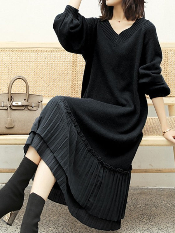 Loose Splicing V-Neck Long Sleeve Sweater Dress