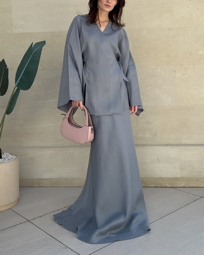 Casual V-Neck Split Shirt & Skirt Two-Piece Set