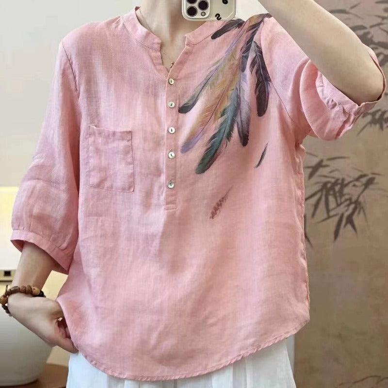 Literary Feather Print Ramie Shirt