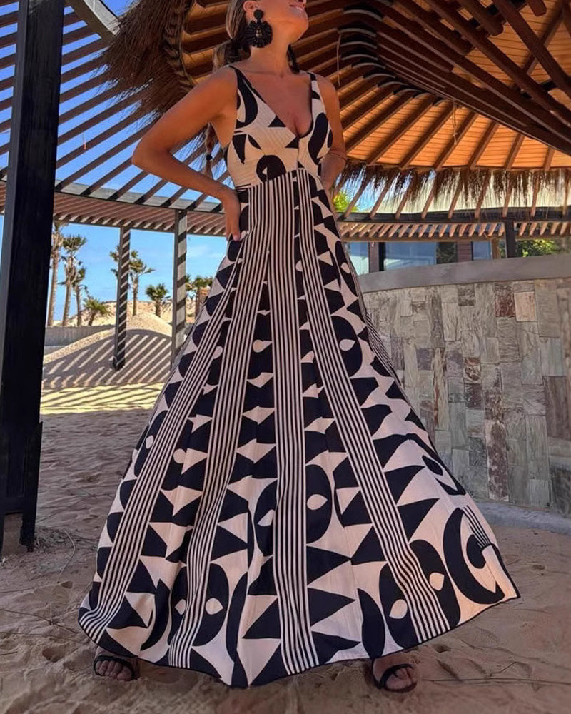 V-neck Waist Printed Large Dress