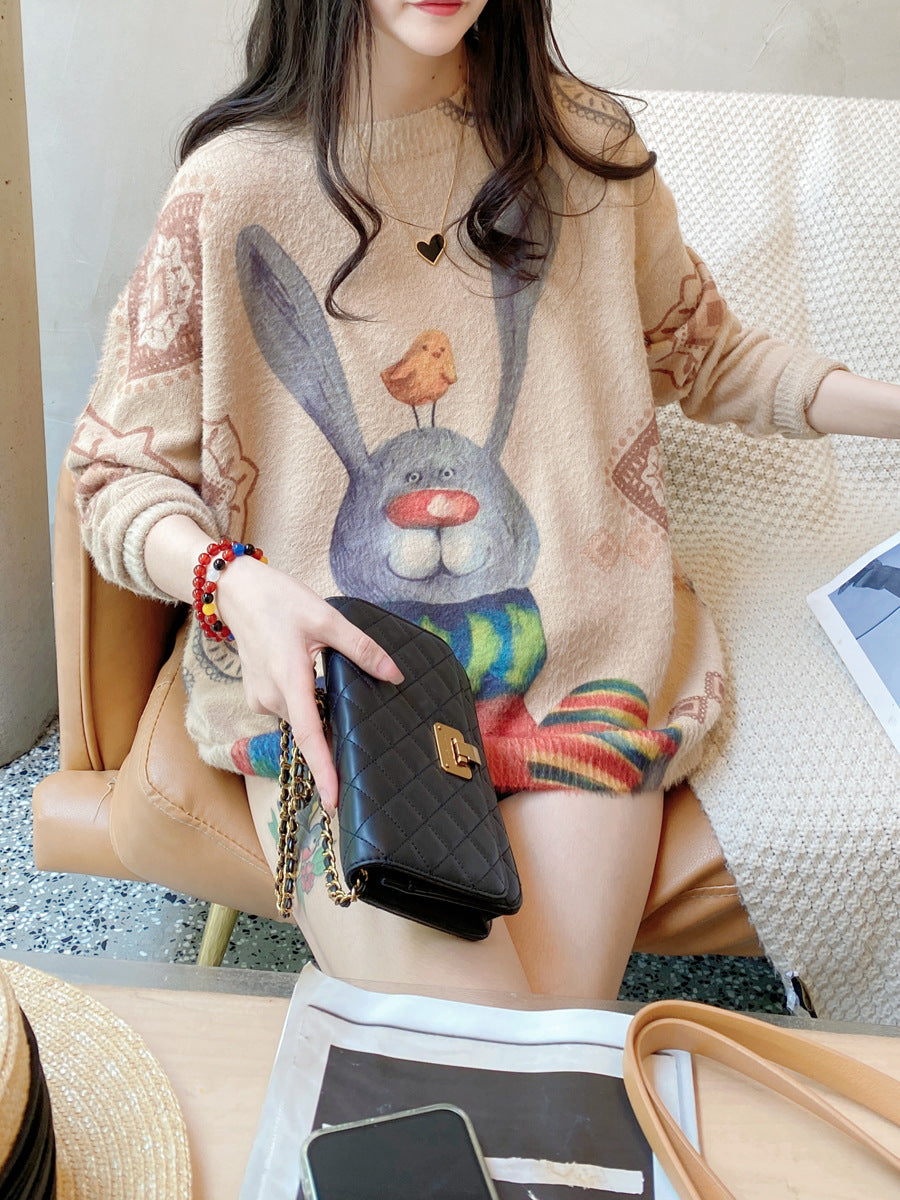 Cute Print Long Sleeve Round Neck Sweater