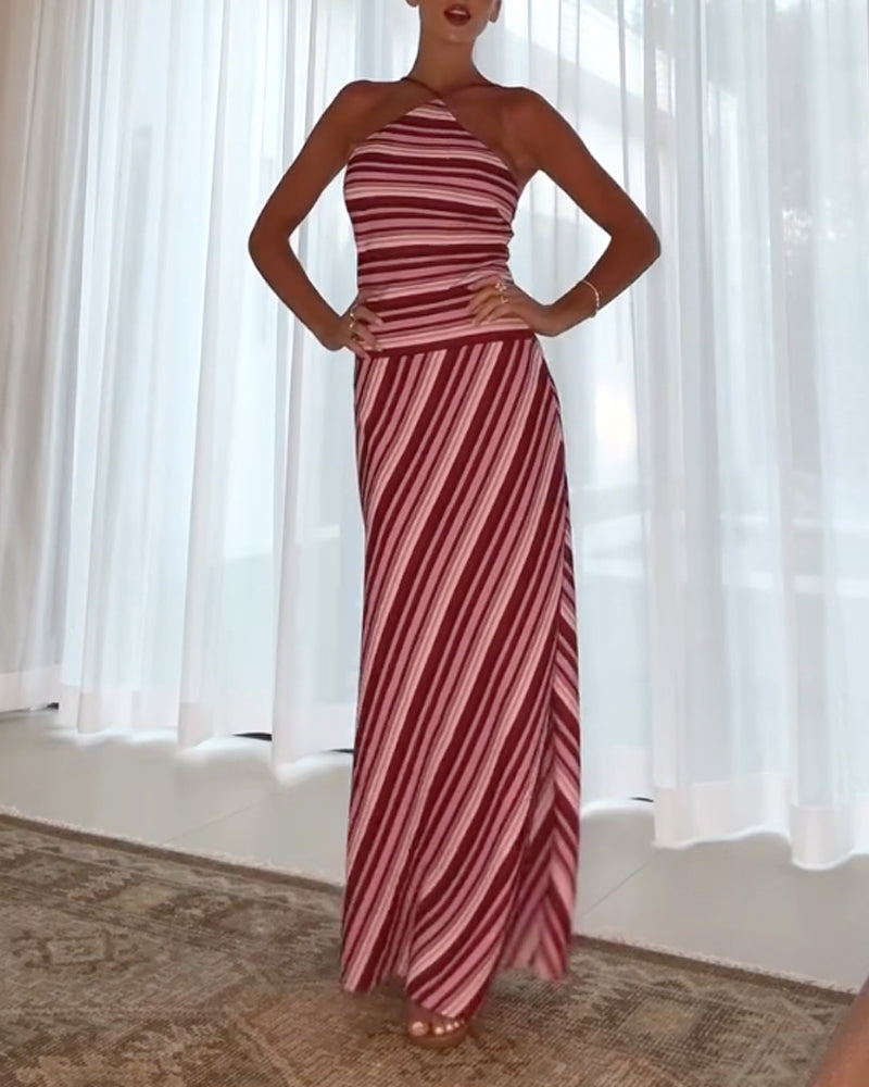 Casual Neck Strap Striped Dress