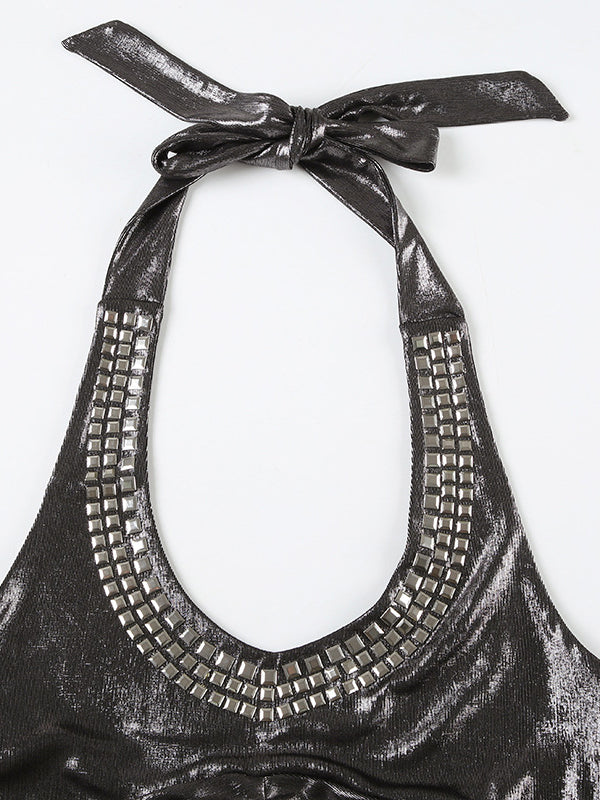 Skinny Sleeveless Backless Pleated Rhine Stones Tied Halter-Neck Vest Top