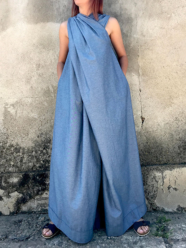 Loose Sleeveless Solid Color Split-Joint V-Neck Jumpsuits