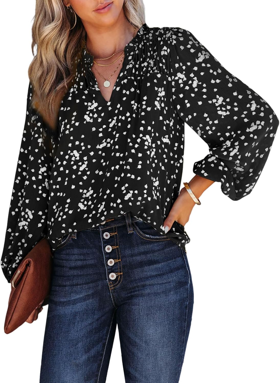 Relaxed V-Neck Floral Print Pleated Long-Sleeved Chiffon Shirt (Buy 2 Free Shipping)
