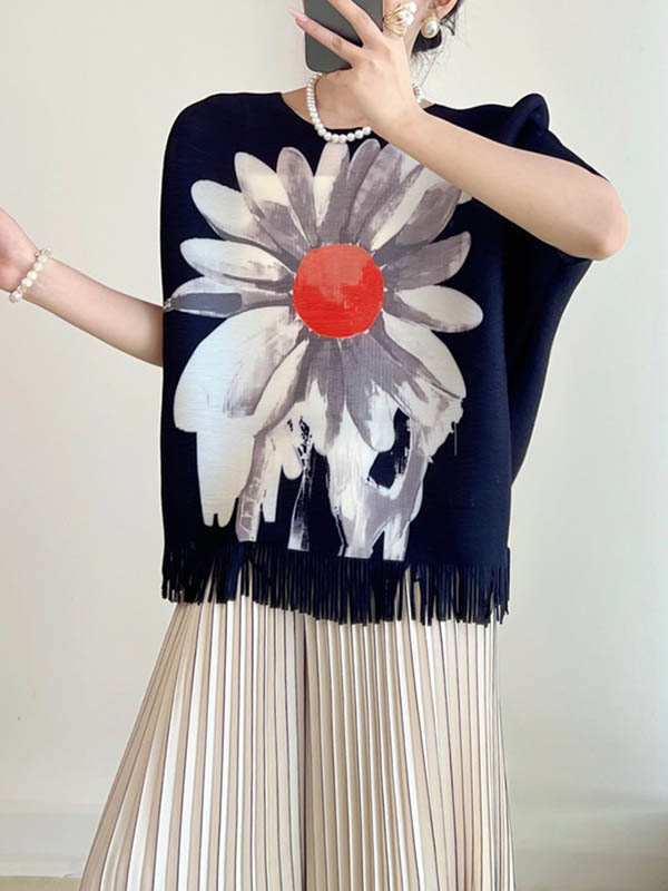 Batwing Sleeves Loose Flower Print Pleated Tasseled Round-Neck T-Shirts Tops