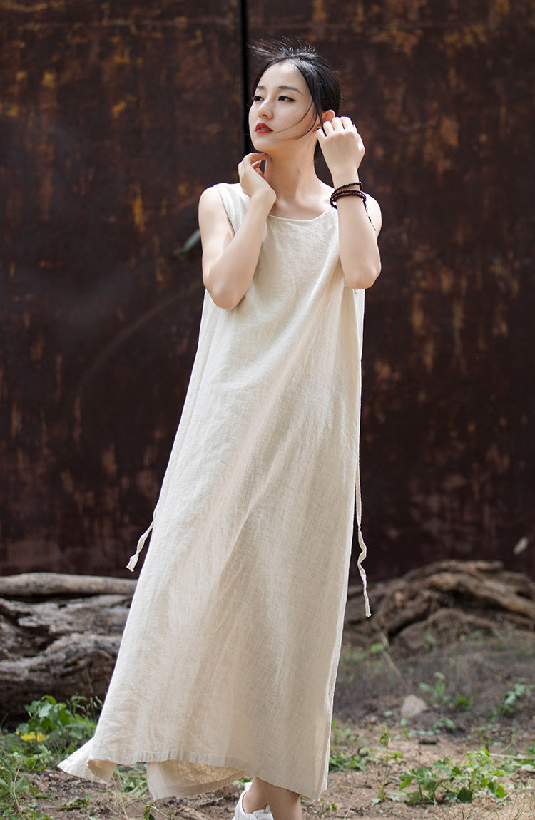 Simple Ramie Sleeveless Lace-up Midi Dress