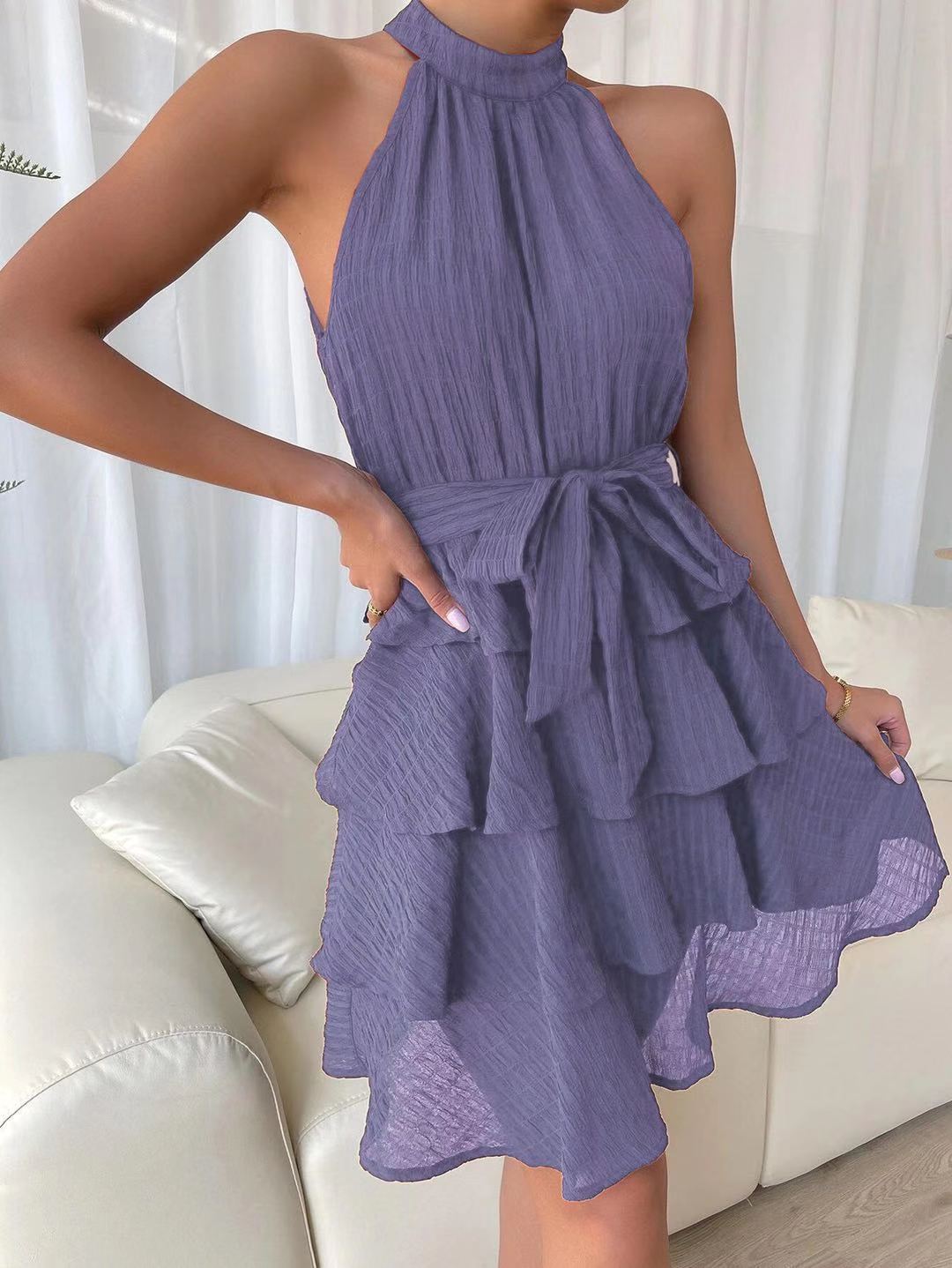 Elegant Hanging Neck Sleeveless Mini Dress