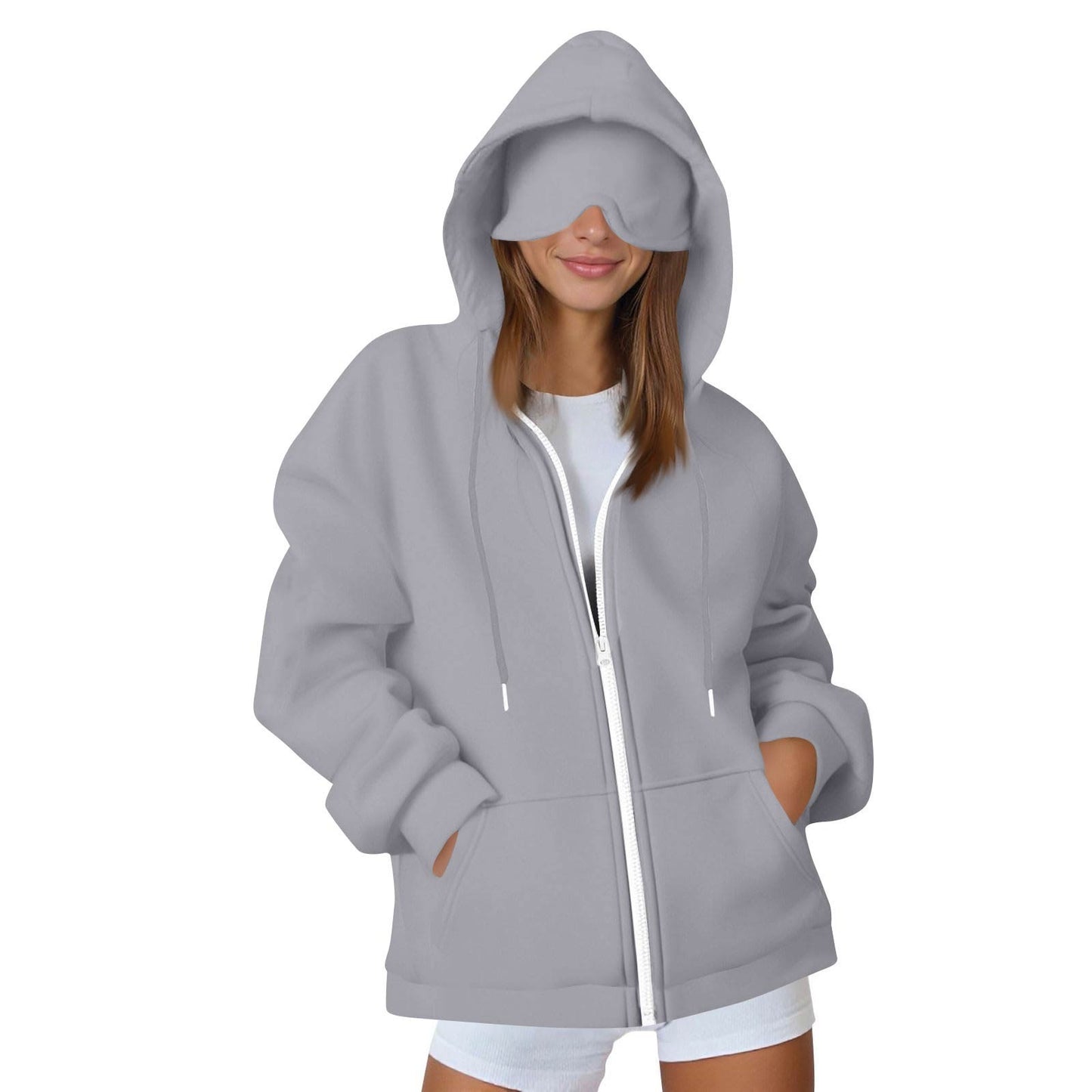 2025 European and American solid color women's autumn and winter hooded cardigan with eye patch zipper sweater