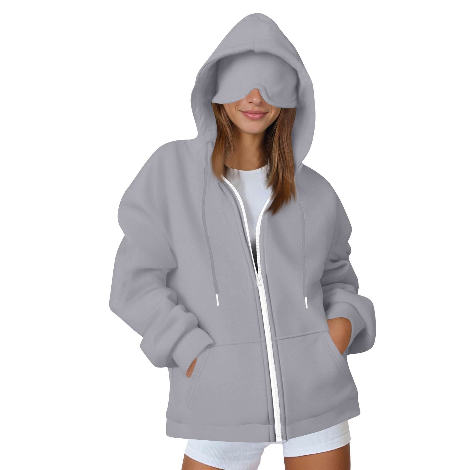 2025 European and American solid color women's autumn and winter hooded cardigan with eye patch zipper sweater