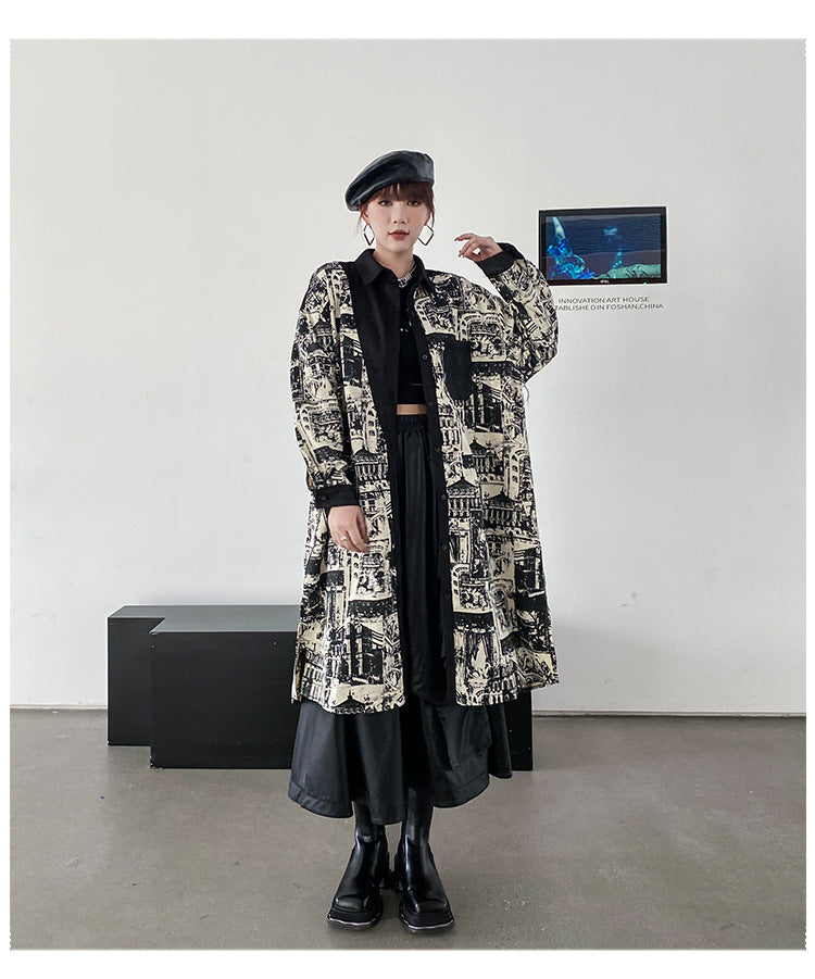 Vintage Print Lapel Windbreaker Coat