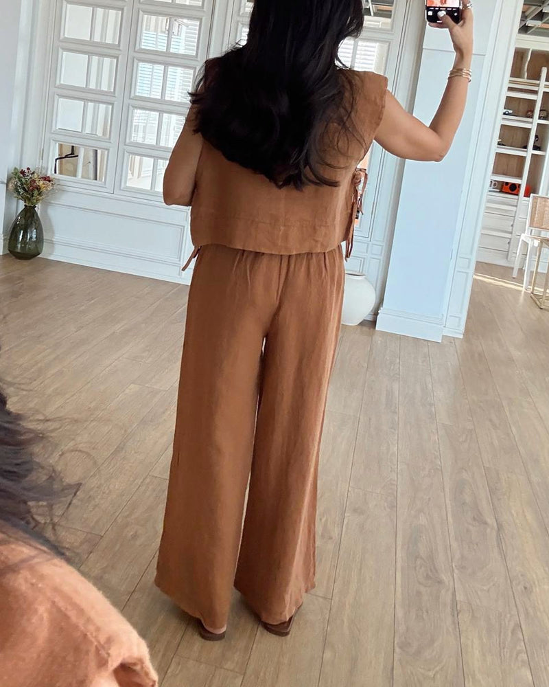 Casual Round Neck Lace-Up Sleeveless Top & Pants Two-Piece Set