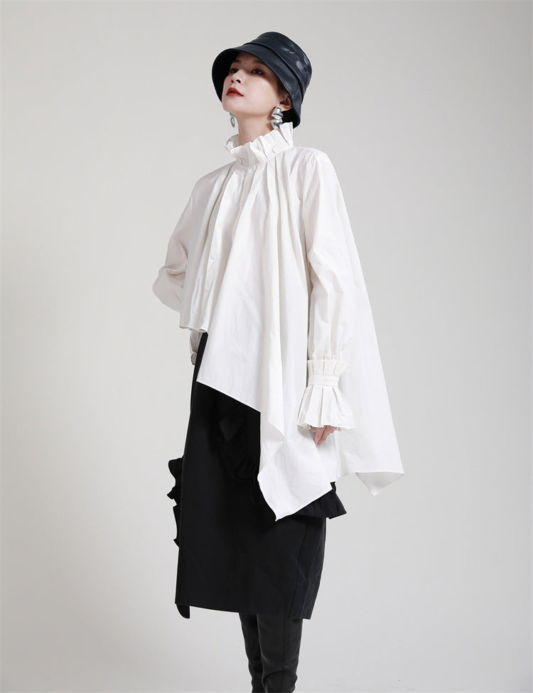 Irregular Solid Color Stand Collar Long Sleeve Shirt