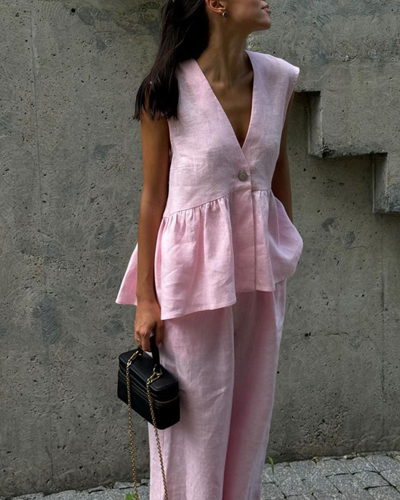 Solid Color V-neck Vest & Pants Two-piece Set