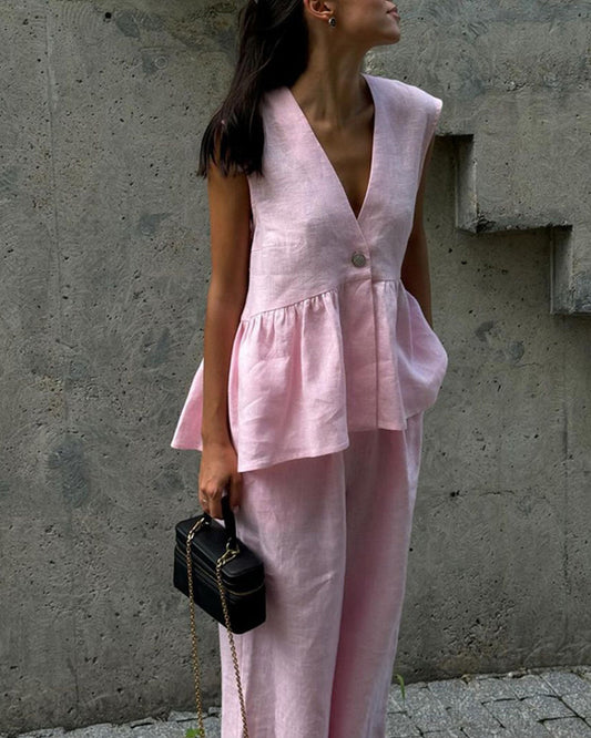 Solid Color V-neck Vest & Pants Two-piece Set
