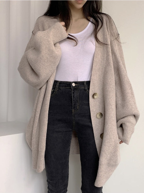 Casual Knit Button Lantern Sleeve Outerwear