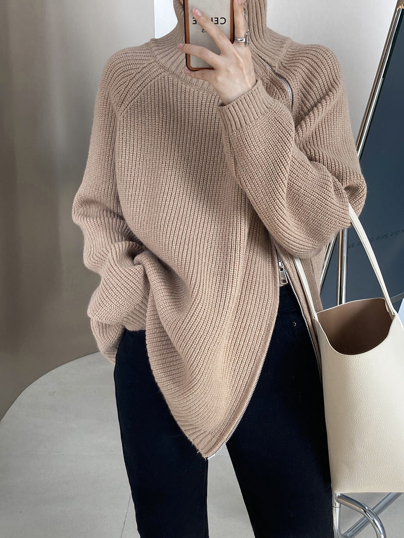 Casual Solid Color Zipper Turtleneck Knit Sweater