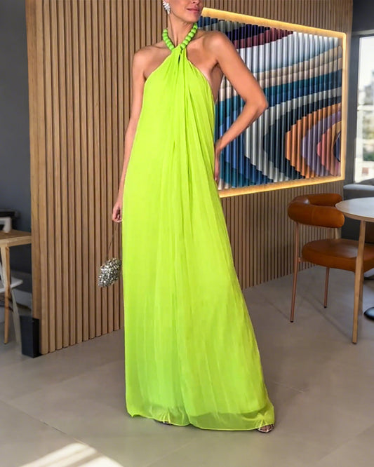 Chiffon Pleated Neck Backless Dress