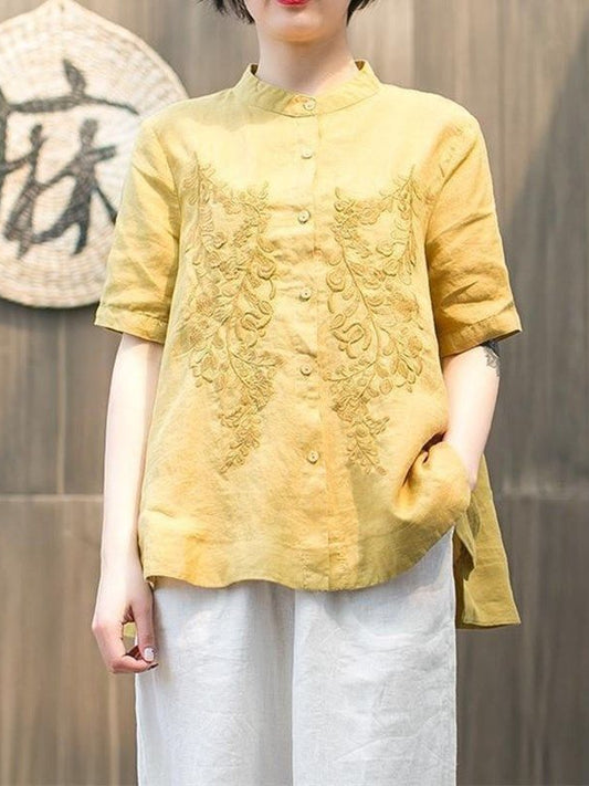 Loose Cotton Embroidered Short Sleeve Stand Collar Shirt