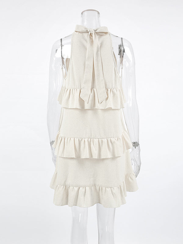 A-line Loose Ruffle Trim Solid Color Tied Zipper Spaghetti-Neck Mini Dresses