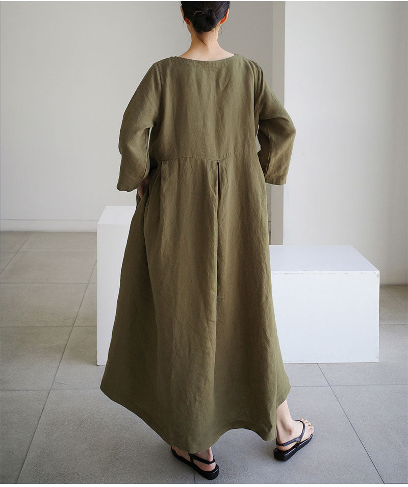 Simple Cotton Linen Style Long Sleeve Maxi Dress
