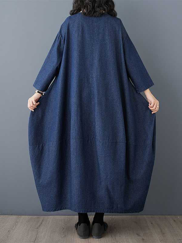 Long Sleeves Loose Solid Color Round-neck Midi Dresses