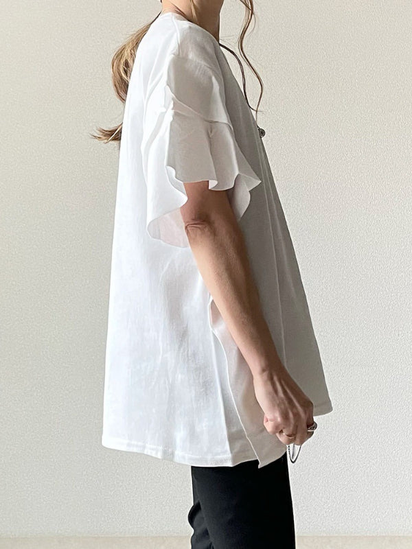 Simple Solid Color Wave Sleeve T-shirt